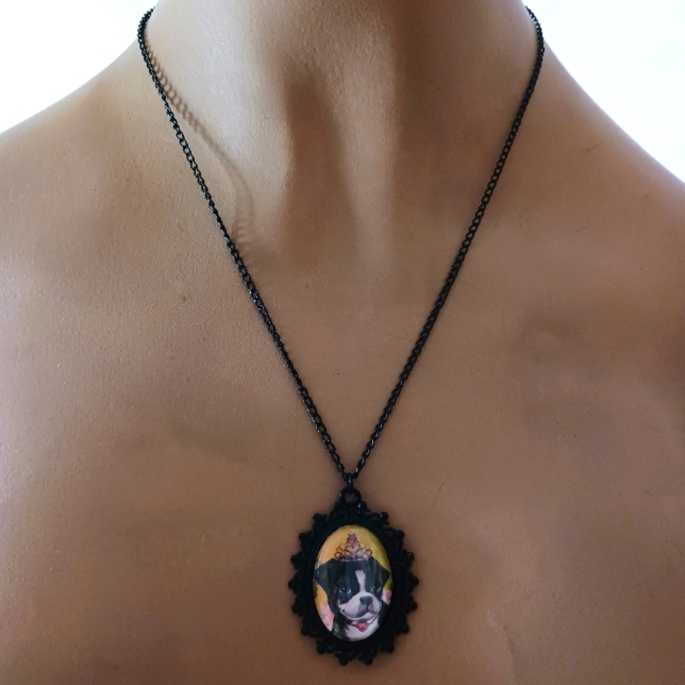 Lisa Frank Boston Terrier in Tiara Pendant in Black Frame.